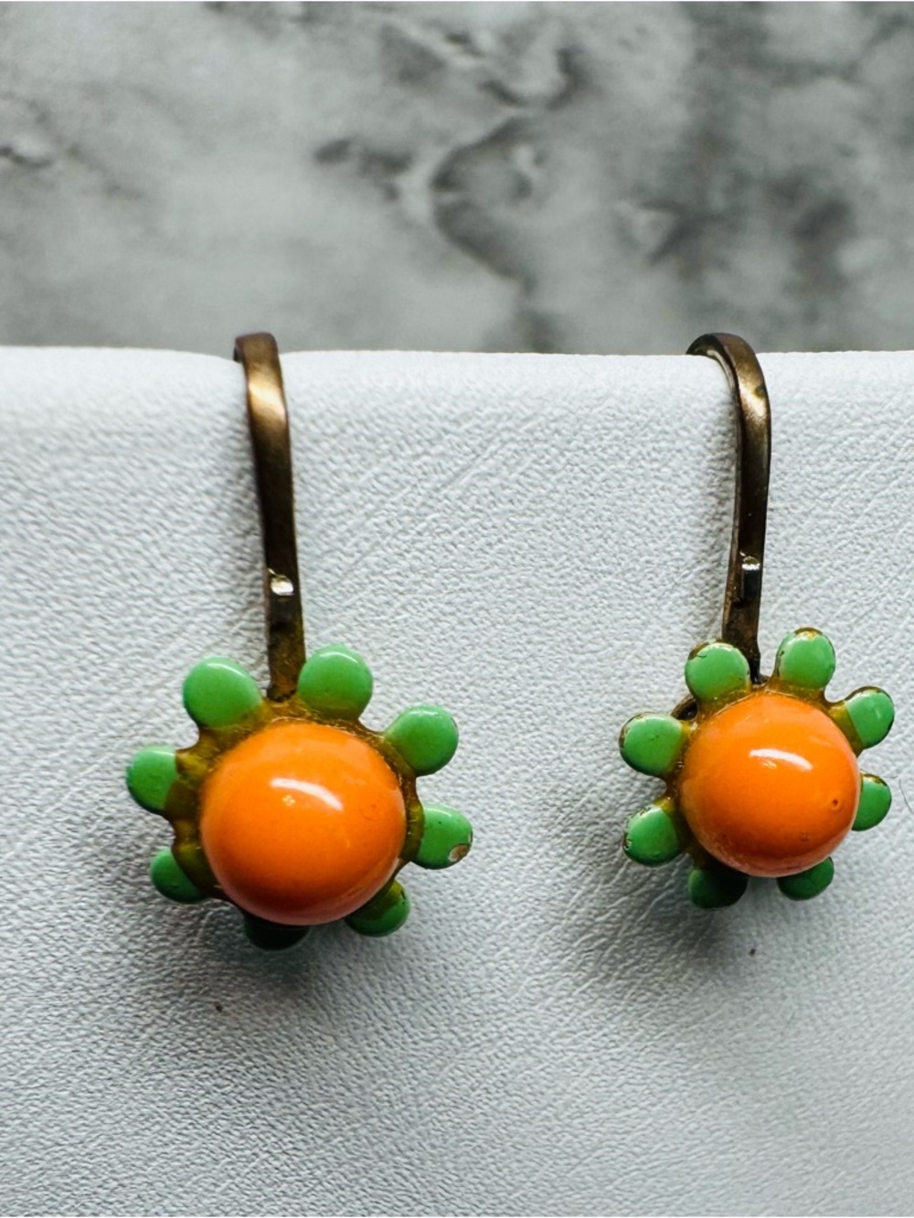 Vintage Orange Green Flower Earrings Leverback Painted Metal